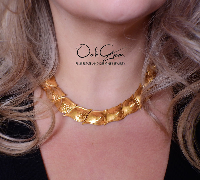 Zolotas Greece Gold Swirl Motif Necklace Earrings Set - Oak Gem