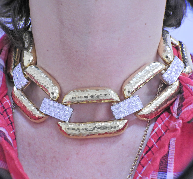 David Webb Diamond Hammered Gold Link Necklace