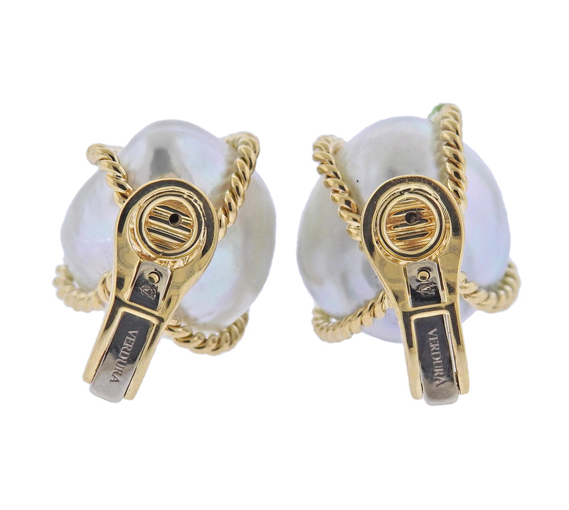 Verdura Caged Baroque Pearl Gold Earrings