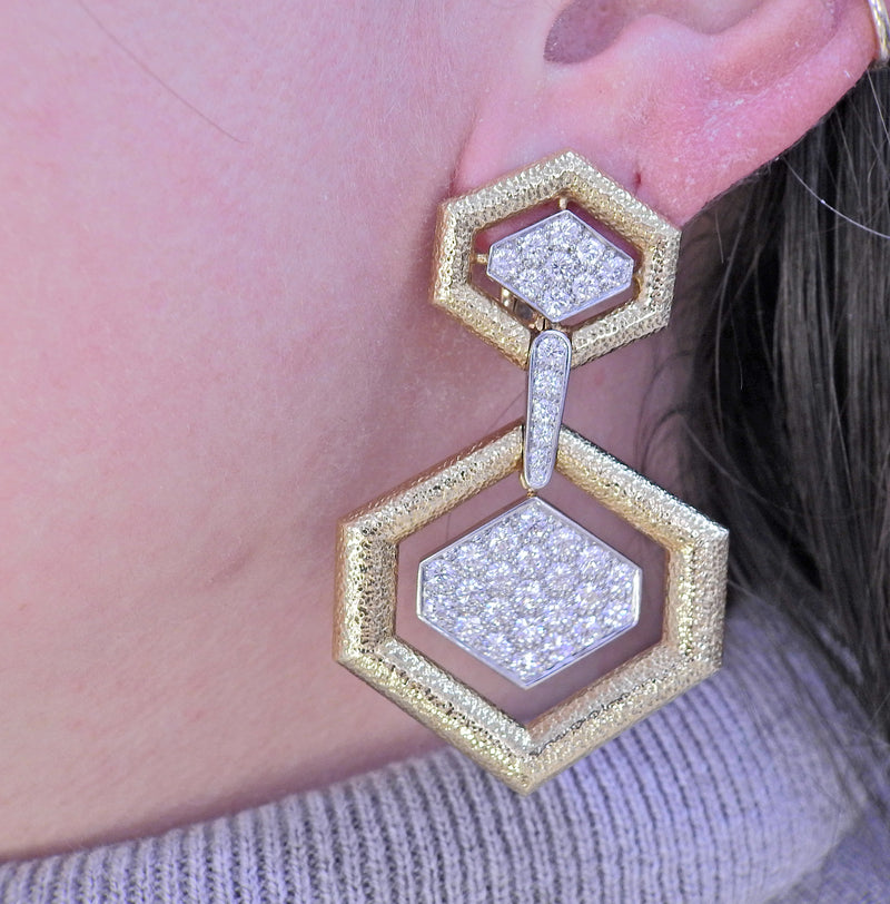 David Webb Madison Hexagon Gold Diamond Earrings