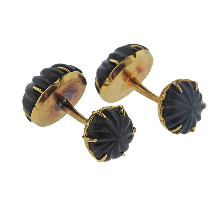 French Tiffany & Co. Gold Carved Bloodstone Cufflinks - Oak Gem