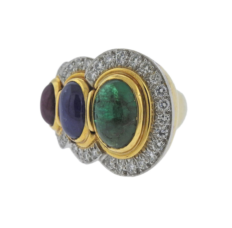 David Webb Emerald Ruby Sapphire Diamond Gold Platinum Ring - Oak Gem