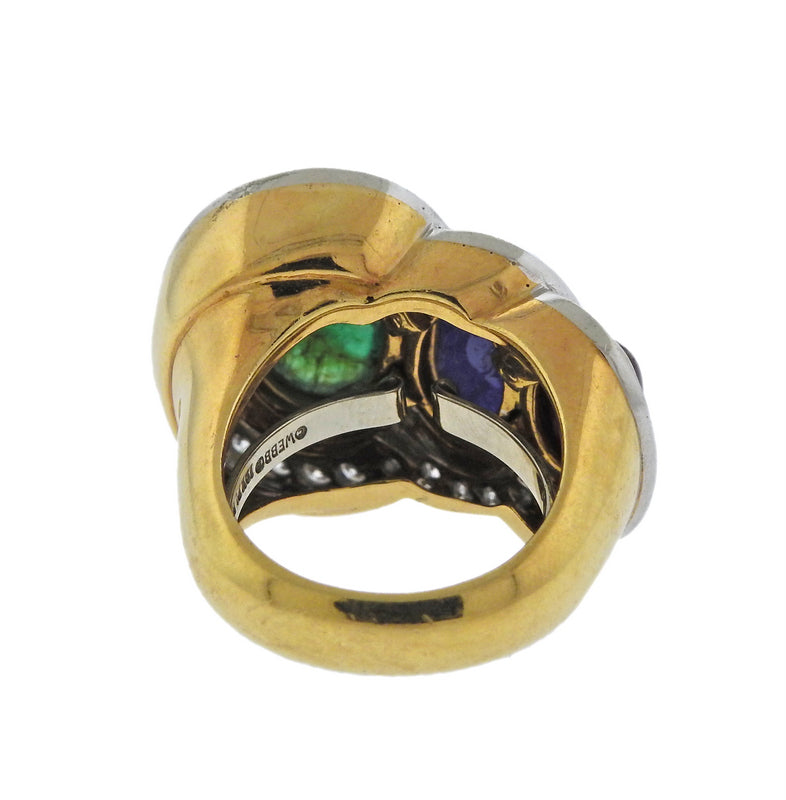 David Webb Emerald Ruby Sapphire Diamond Gold Platinum Ring - Oak Gem