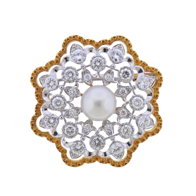 Buccellati Pearl Diamond Gold Brooch - Oak Gem
