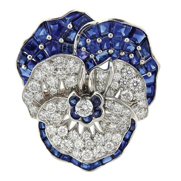 Large Oscar Heyman Sapphire Diamond Platinum Pansy Flower Brooch - Oak Gem