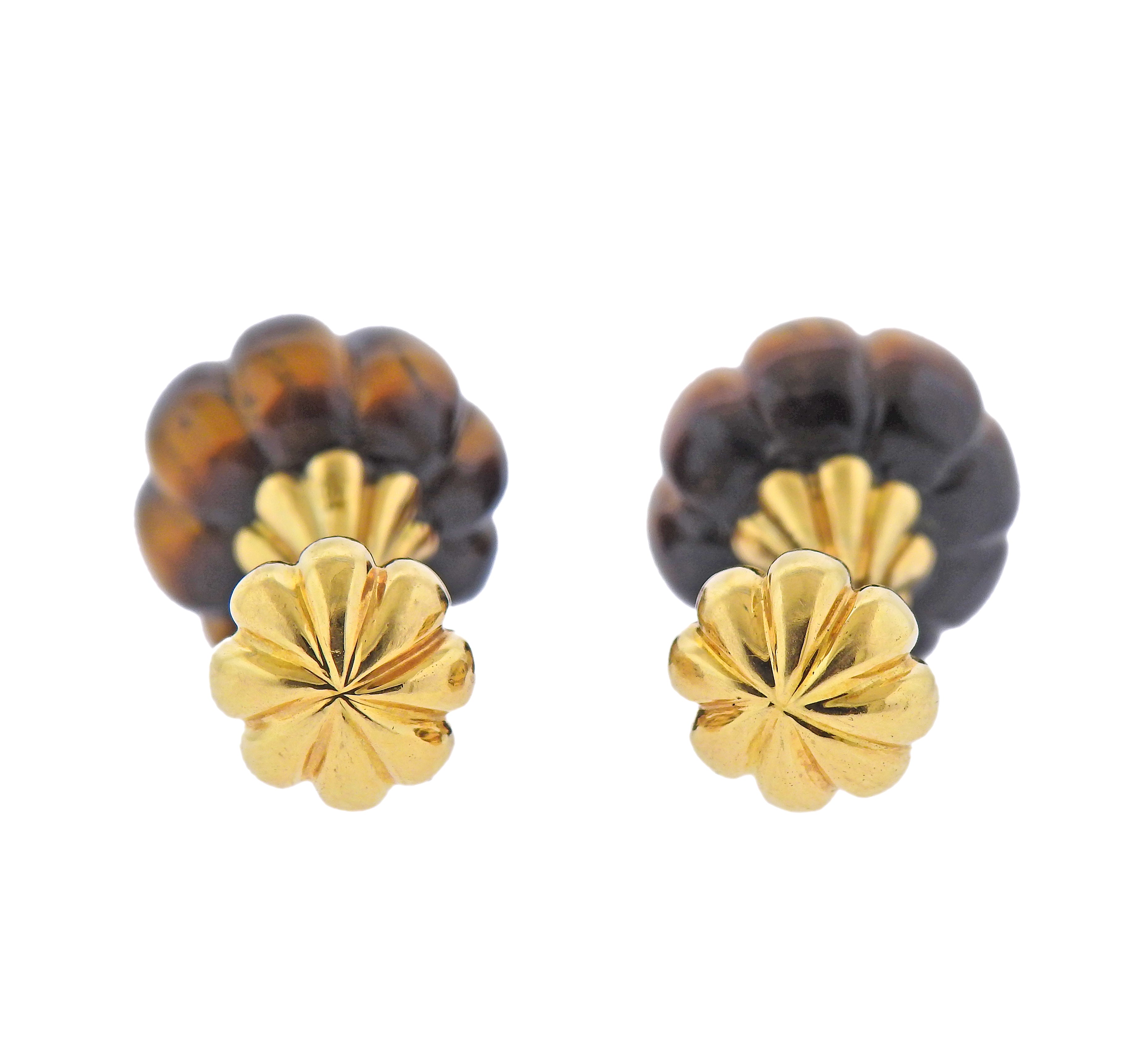 1980s Carved Tiger's Eye Gold Cufflinks - Oak Gem