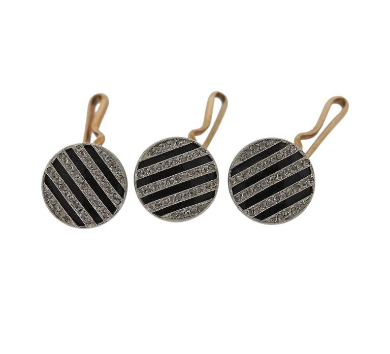 Art Deco Enamel Diamond Gold Platinum Cufflinks Button Stud Set - Oak Gem
