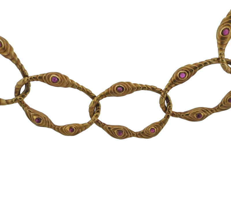1980s Angela Cummings Ruby Gold Link Necklace - Oak Gem