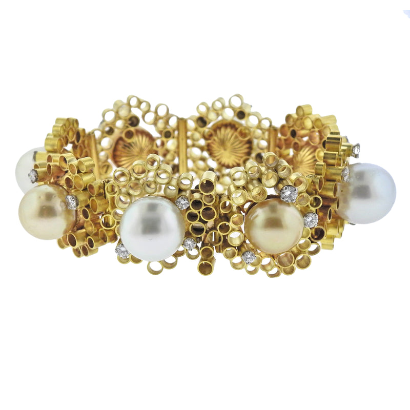 1974 Andrew Grima Pearl Diamond Gold Honeycomb Bracelet - Oak Gem