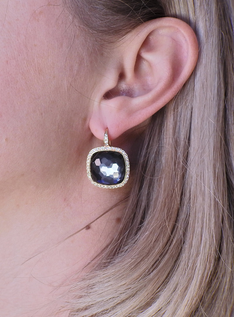 Large Modern Hematite Quartz Diamond 18k Gold Earrings