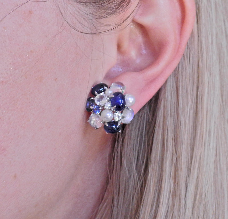 Seaman Schepps Bubble Moonstone Sapphire Diamond Pearl Gold Earrings