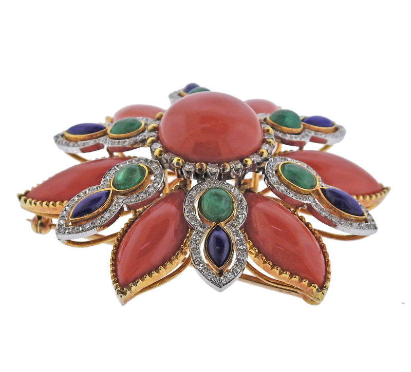 1960s Coral Lapis Emerald Diamond Gold Brooch Pin
