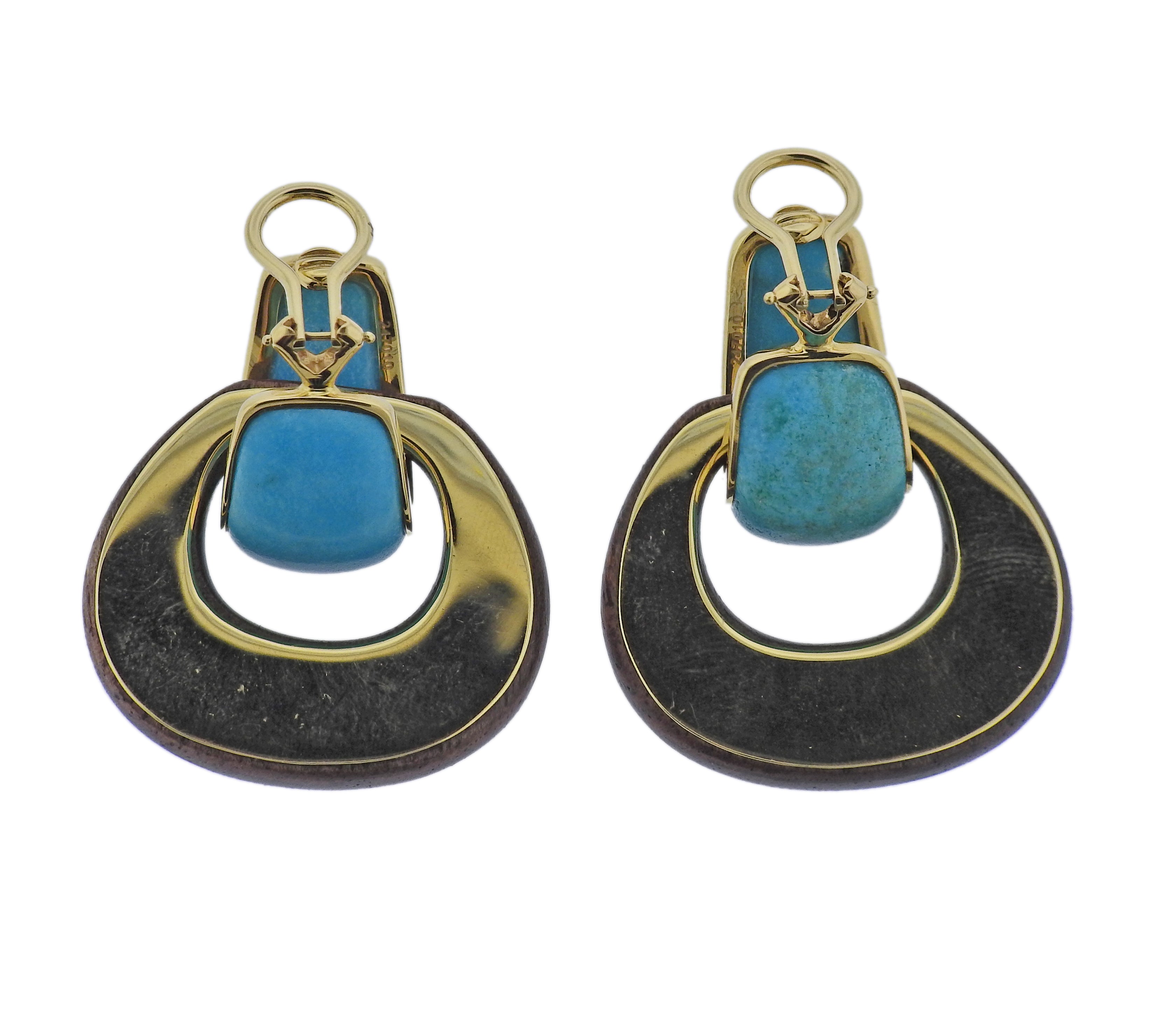 Seaman Schepps Madison Turquoise Wood Gold Doorknocker Hoop Earrings