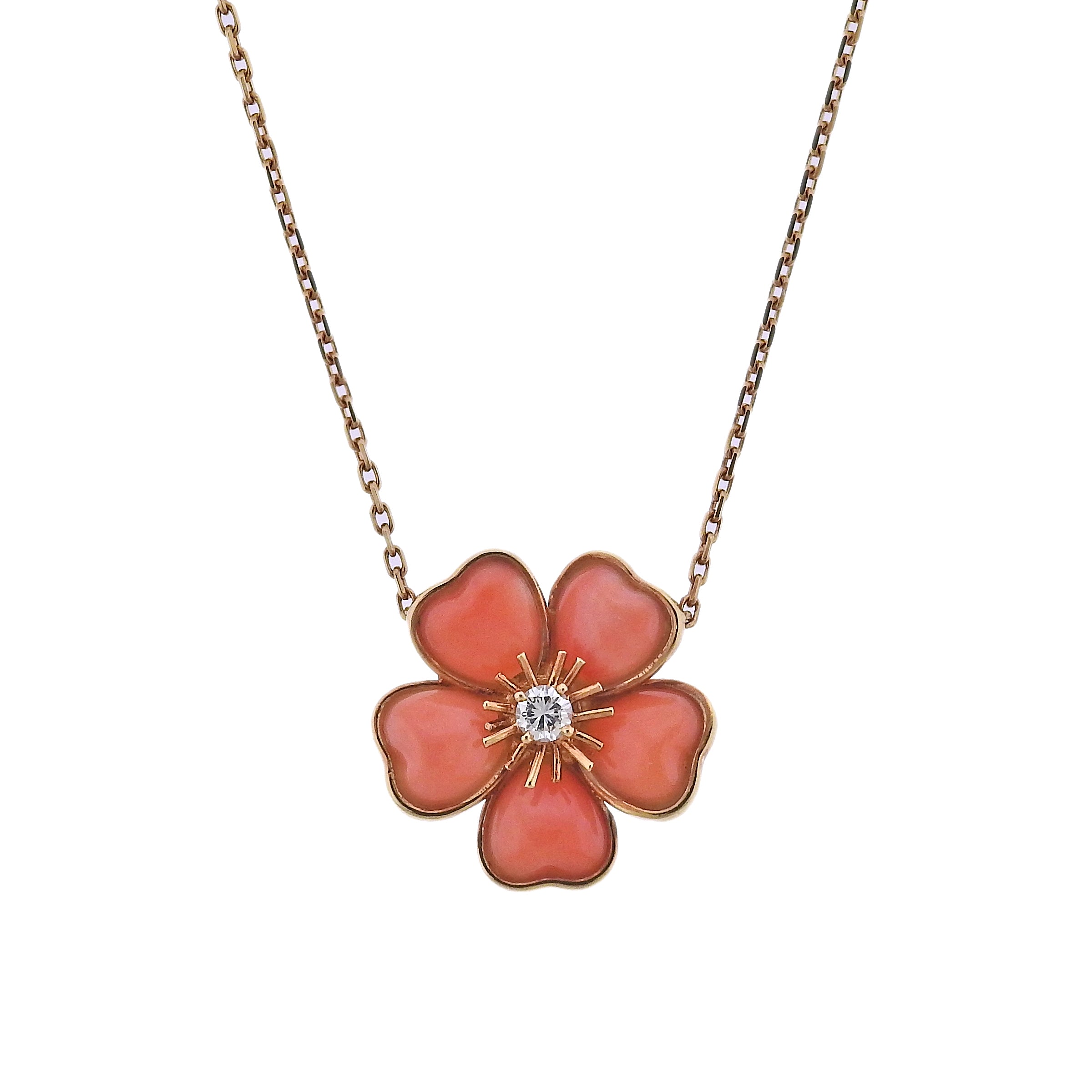Van Cleef & Arpels Coral Diamond Gold Flower Pendant Necklace