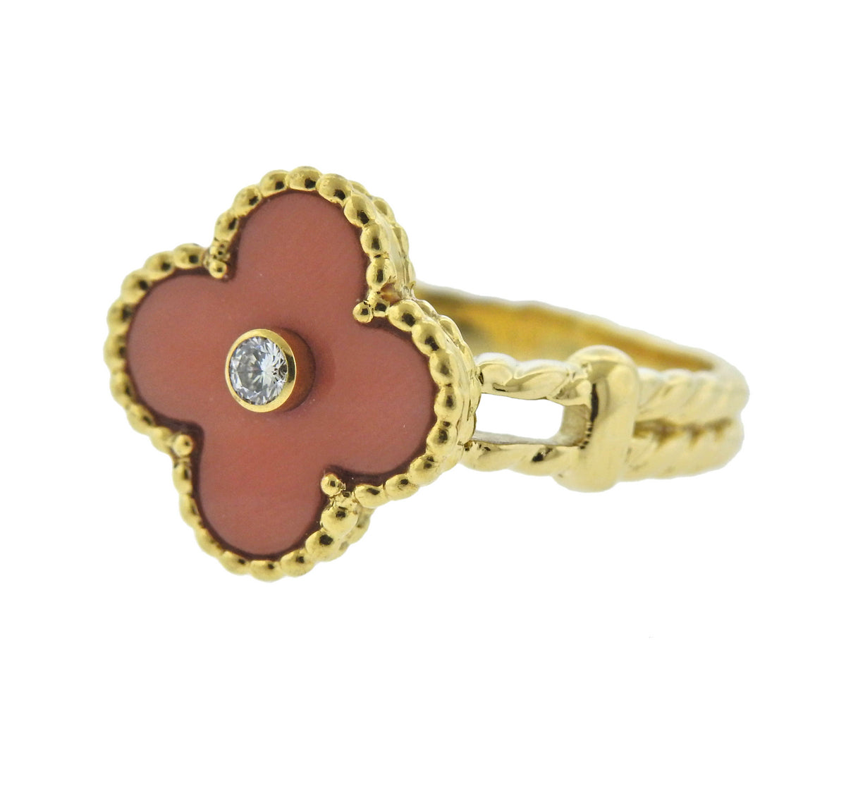 Van Cleef & Arpels Vintage Alhambra Angel Skin Coral Diamond Ring - Oak Gem