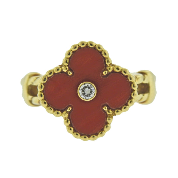 Van Cleef & Arpels Vintage Alhambra Coral Diamond Ring - Oak Gem