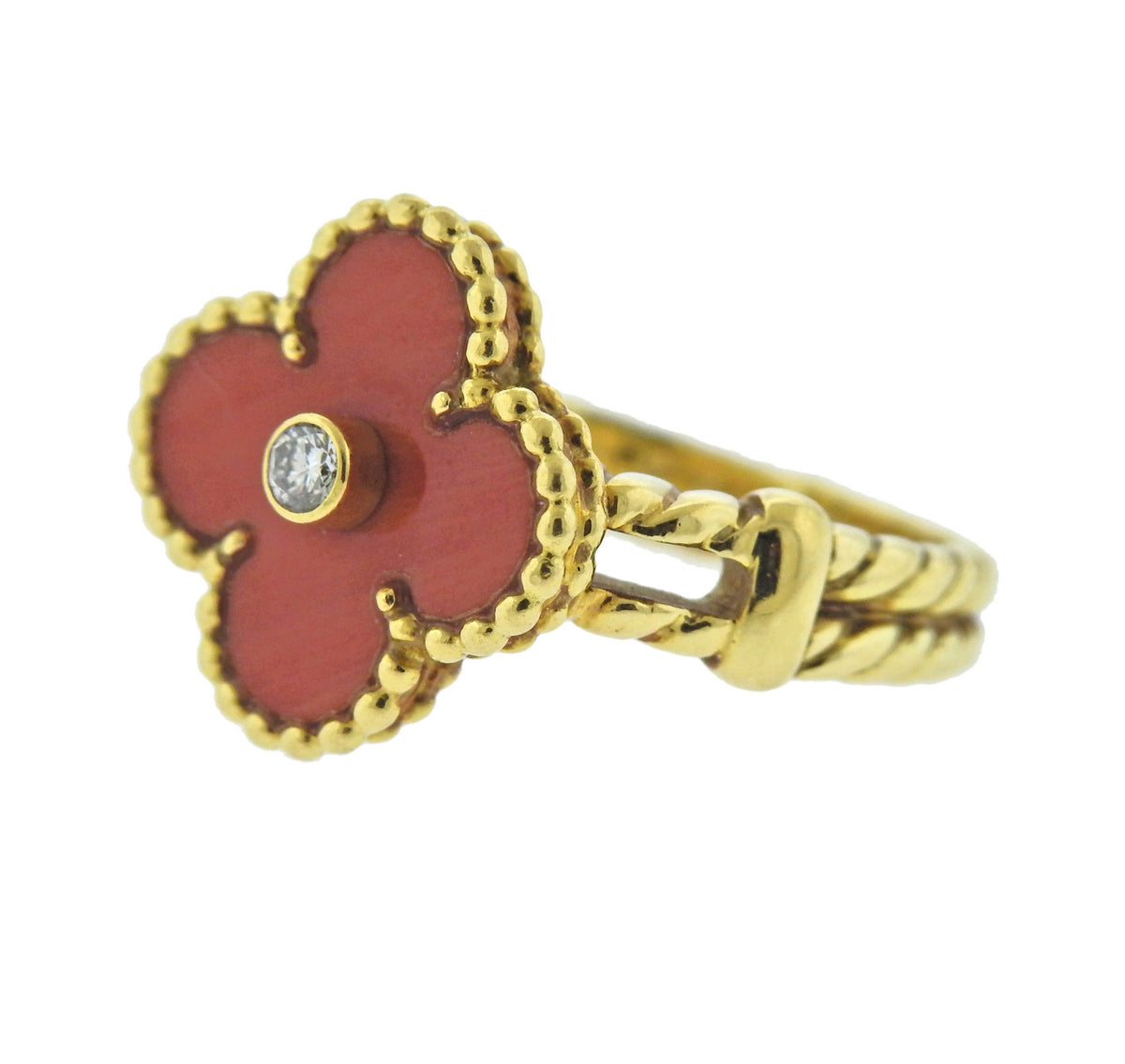Van Cleef & Arpels Vintage Alhambra Coral Diamond Ring - Oak Gem