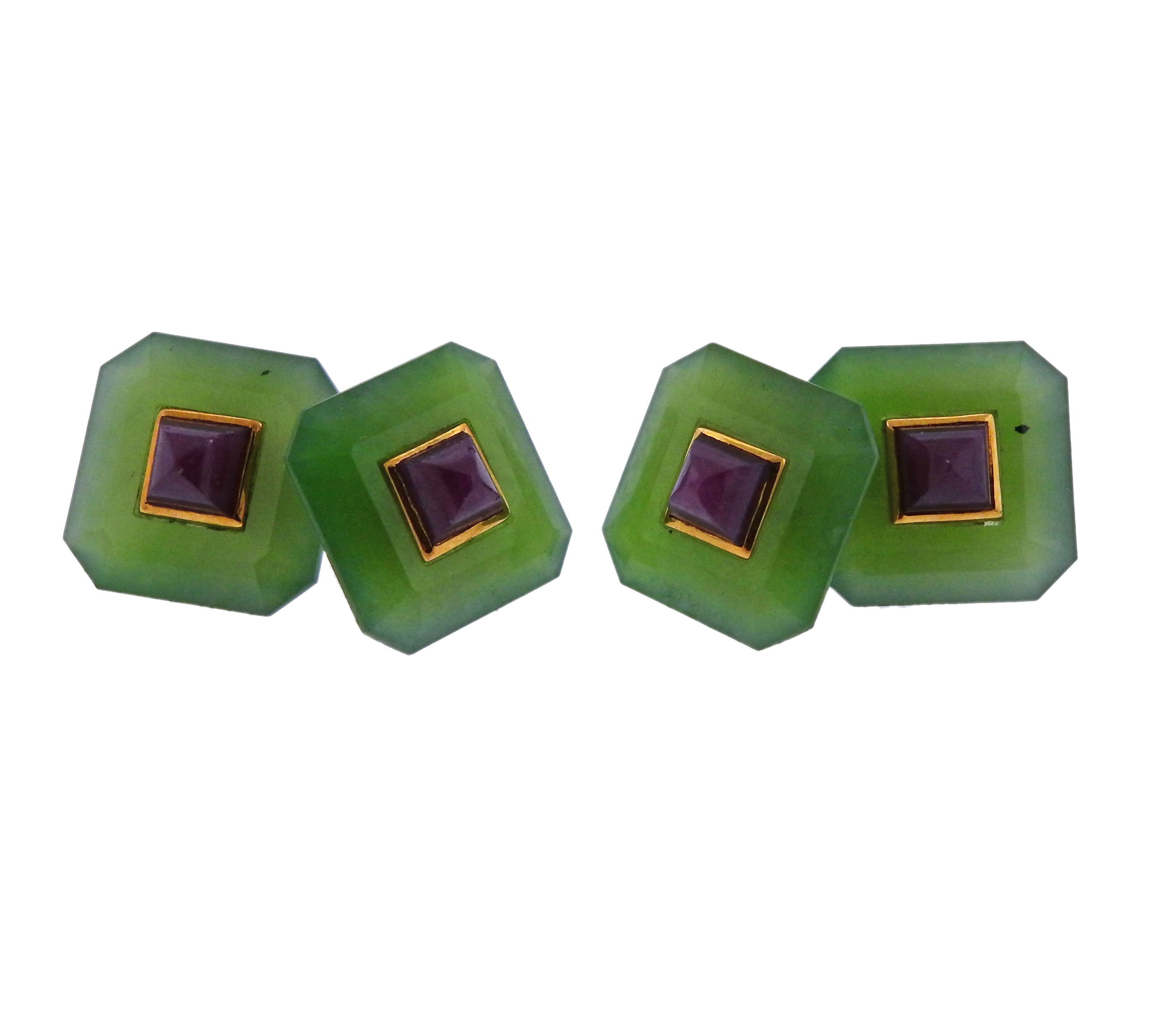 Trianon Nephrite Ruby Gold Cufflinks Stud Set - Oak Gem