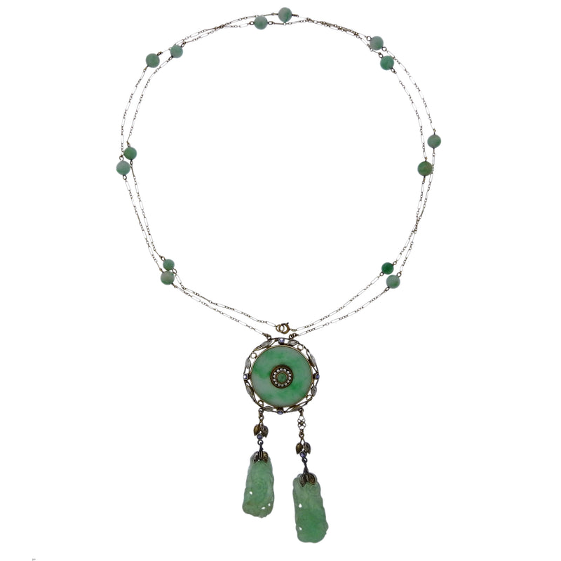 Arts & Crafts 1910s Jade Pearl Gemstone Gold Pendant Necklace - Oak Gem
