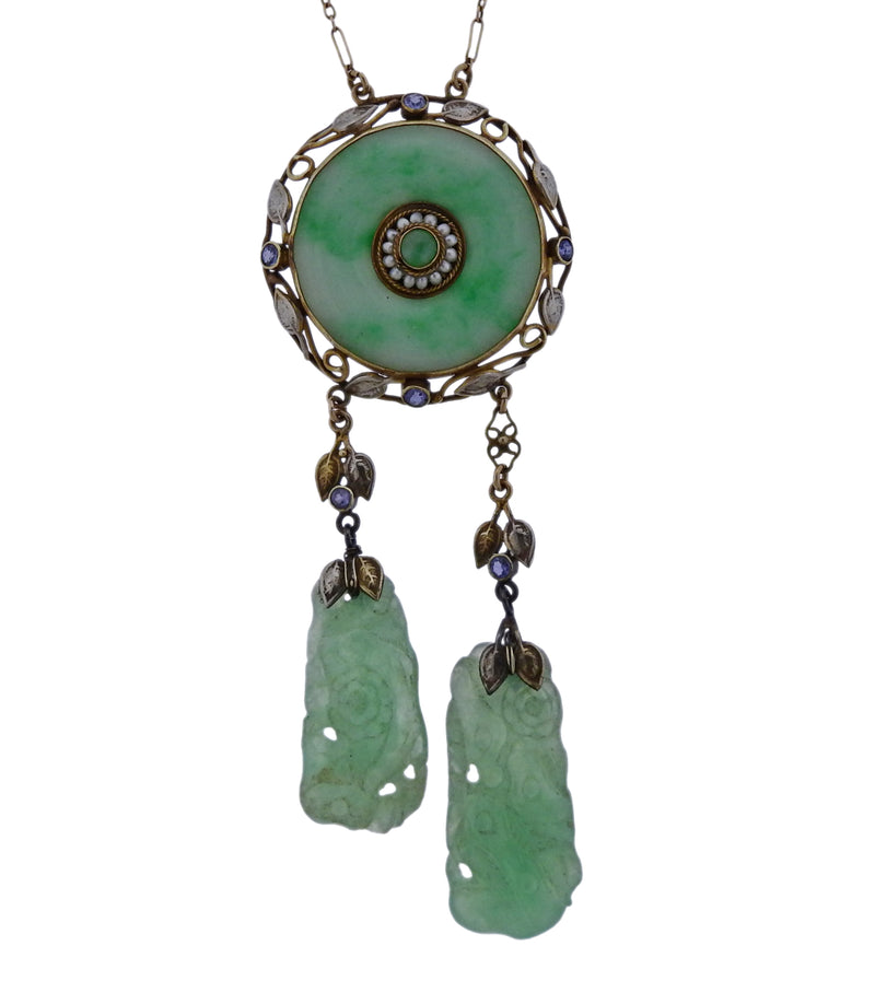 Arts & Crafts 1910s Jade Pearl Gemstone Gold Pendant Necklace - Oak Gem