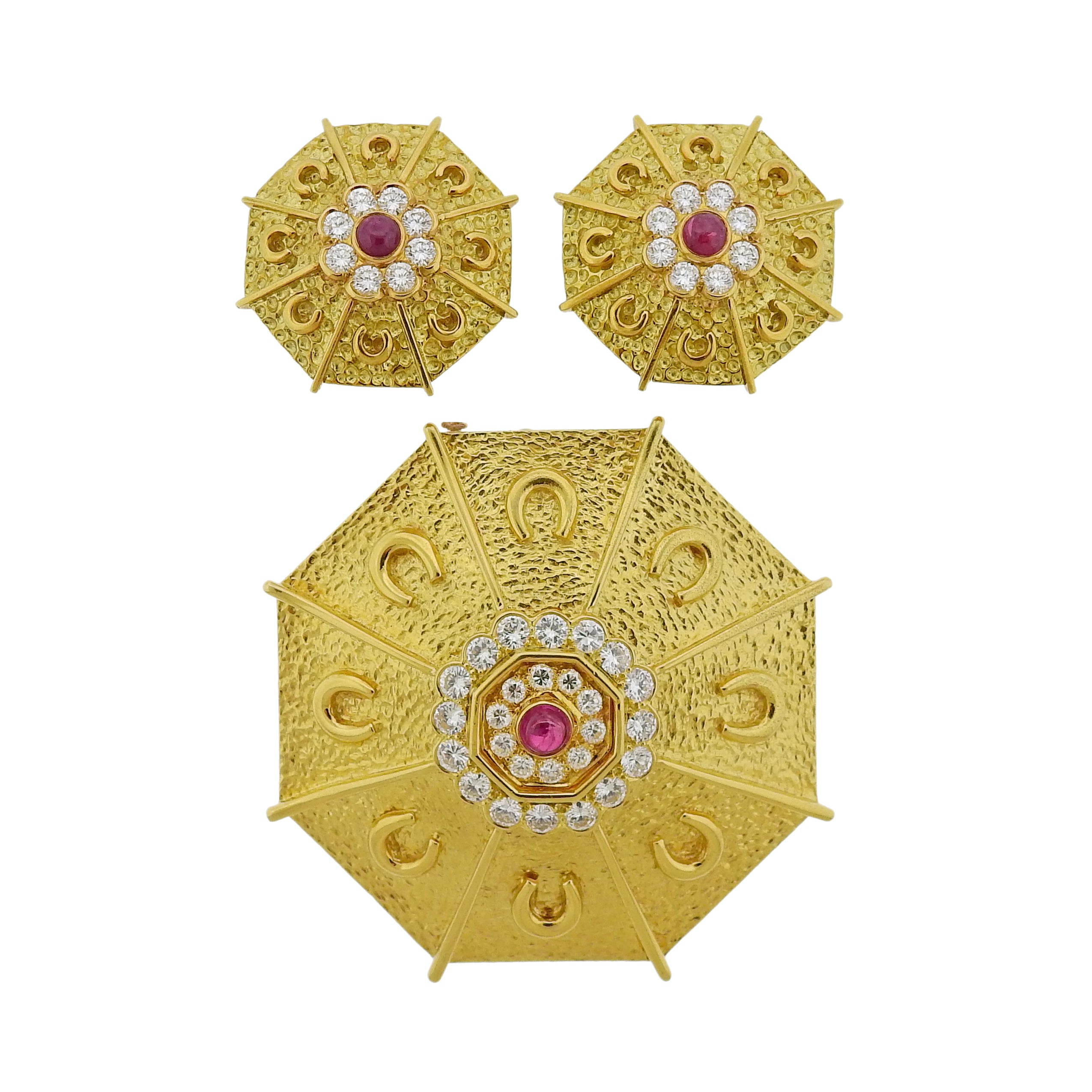 Andre Vassort France Gold Diamond Ruby Brooch Earrings Set - Oak Gem
