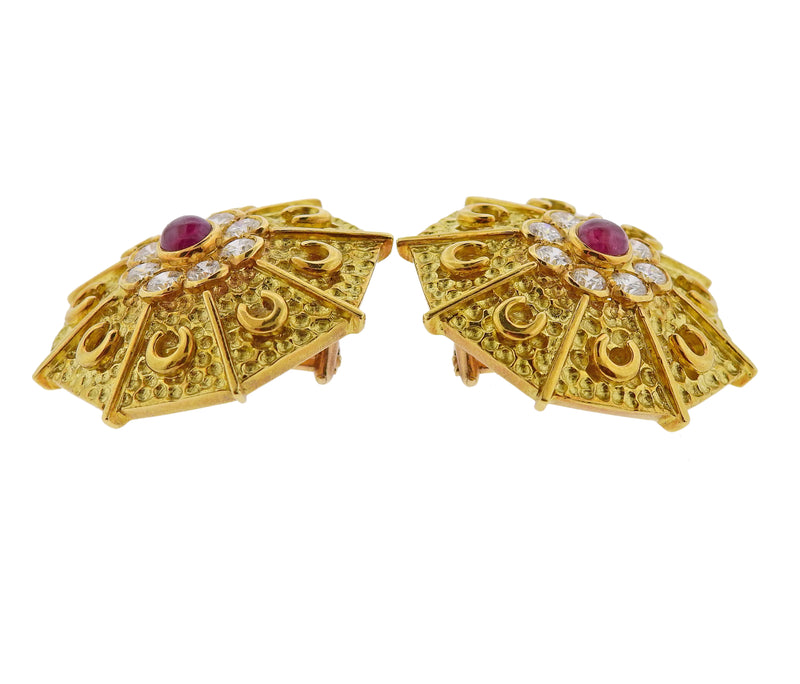 Andre Vassort France Gold Diamond Ruby Brooch Earrings Set - Oak Gem