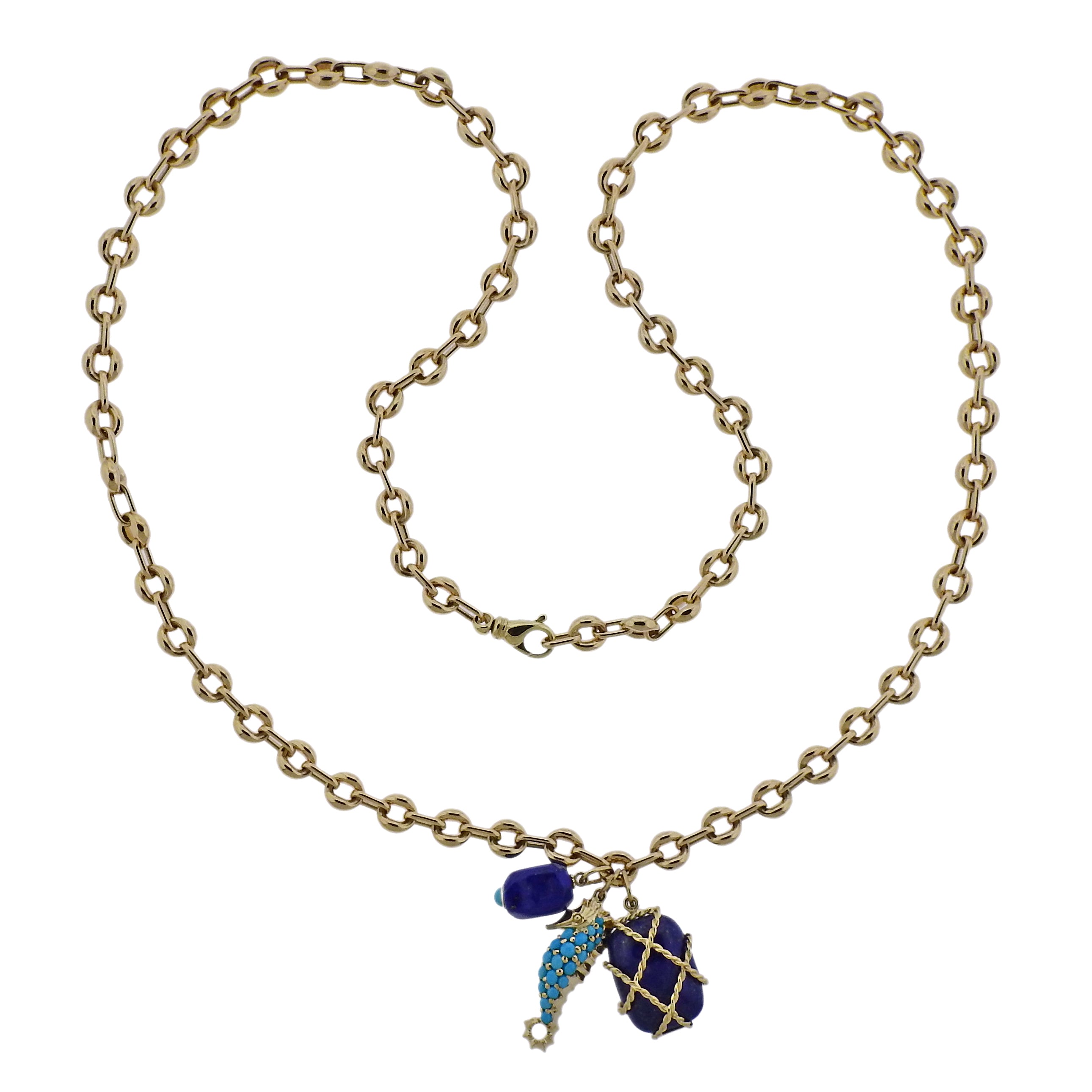 Seaman Schepps Turquoise Seahorse Caged Lapis Pendant Gold Link Necklace - Oak Gem
