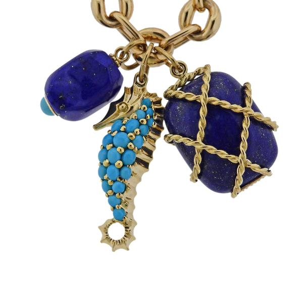 Seaman Schepps Turquoise Seahorse Caged Lapis Pendant Gold Link Necklace - Oak Gem