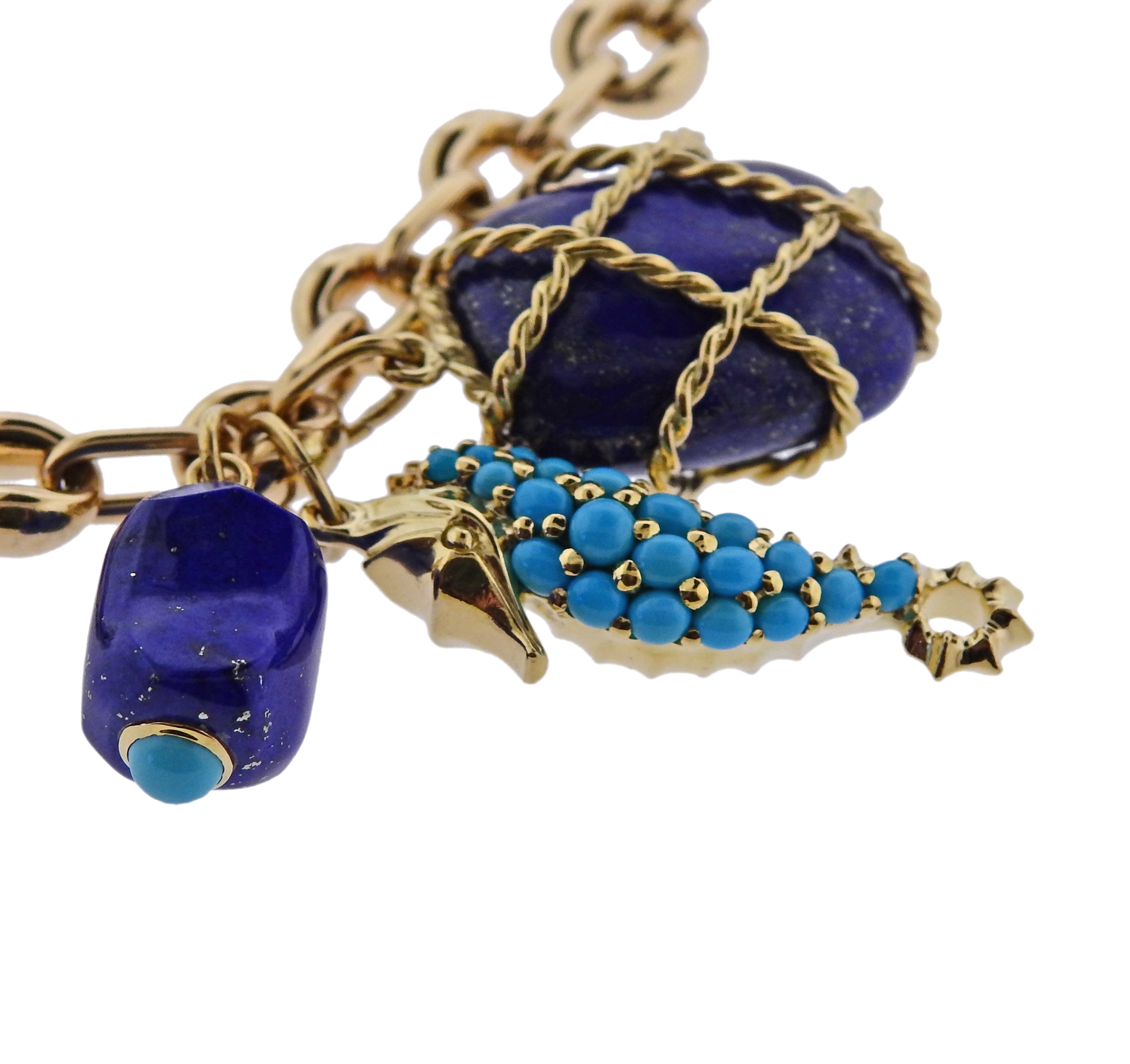 Seaman Schepps Turquoise Seahorse Caged Lapis Pendant Gold Link Necklace - Oak Gem