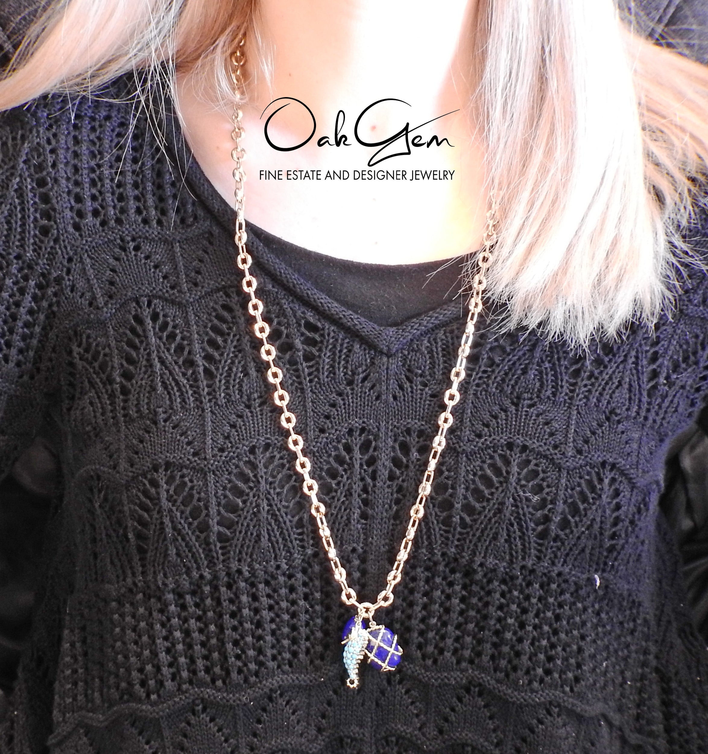 Seaman Schepps Turquoise Seahorse Caged Lapis Pendant Gold Link Necklace - Oak Gem