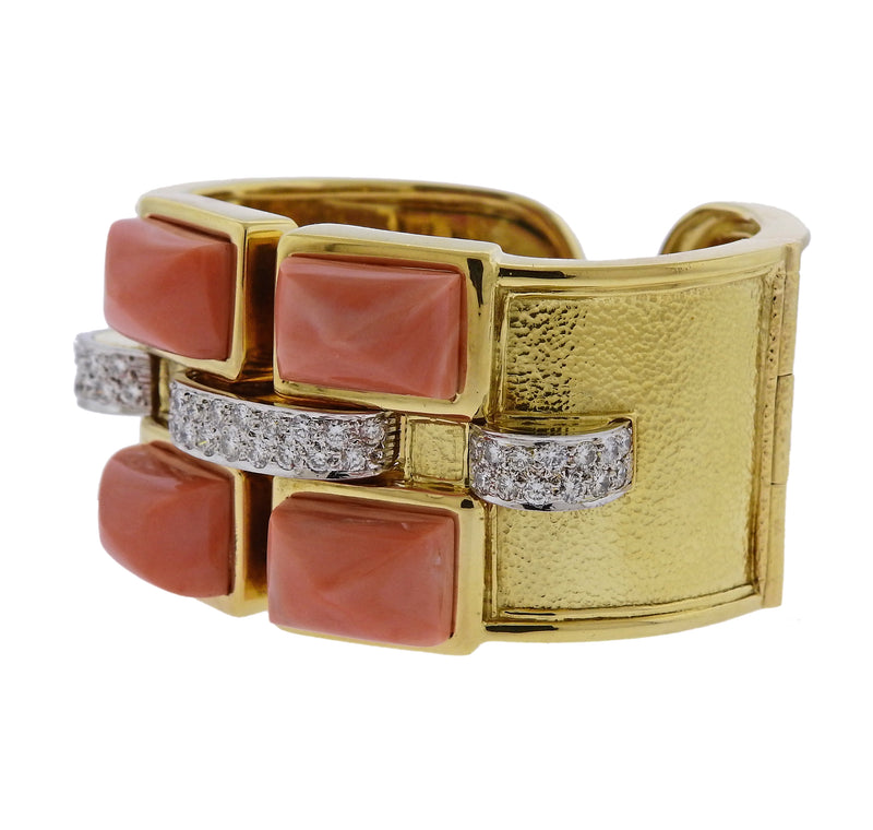 David Webb Bastille Diamond Gold Platinum Coral Cuff Bracelet - Oak Gem