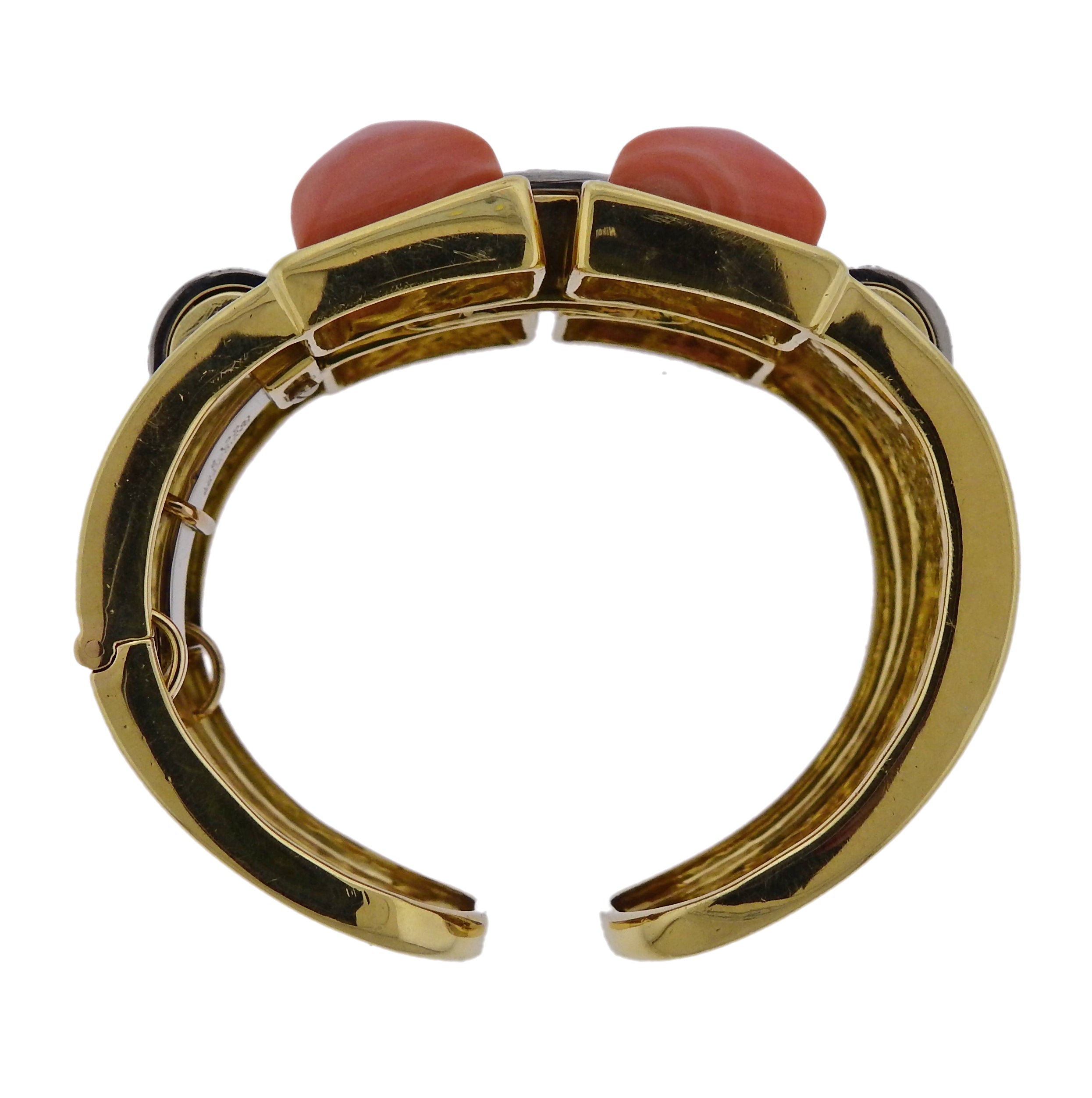 David Webb Bastille Diamond Gold Platinum Coral Cuff Bracelet - Oak Gem