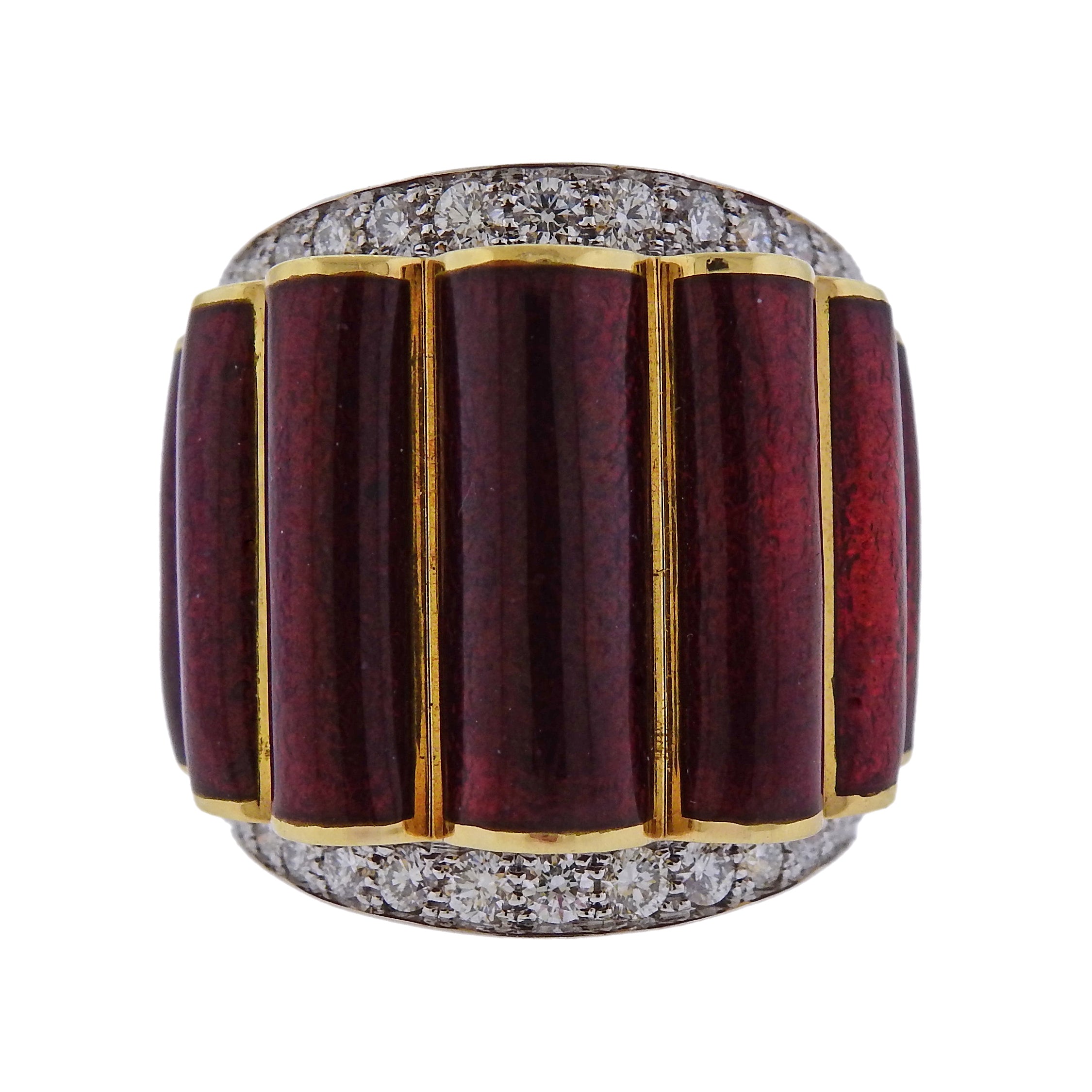 David Webb Diamond Enamel Gold Platinum Scallop Ring - Oak Gem