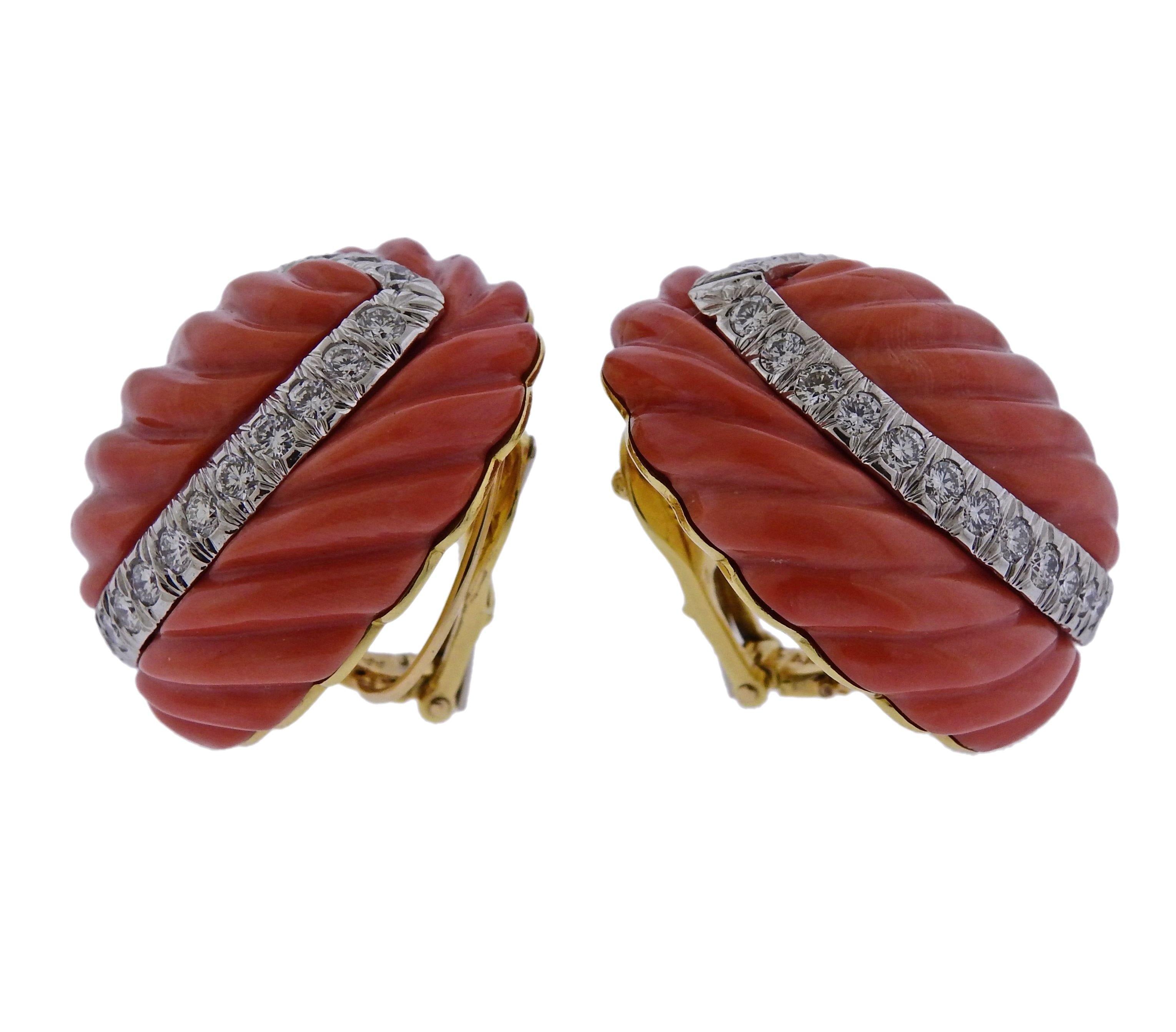 David Webb Carved Coral Diamond Gold Platinum Earrings - Oak Gem