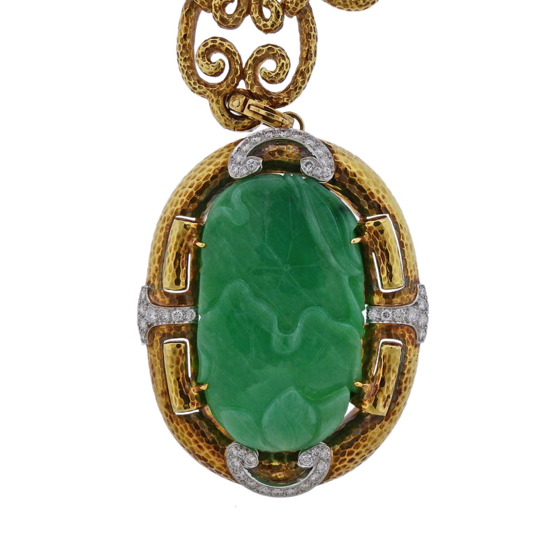 David Webb Carved Jade Diamond Gold Platinum Brooch Pendant Necklace - Oak Gem