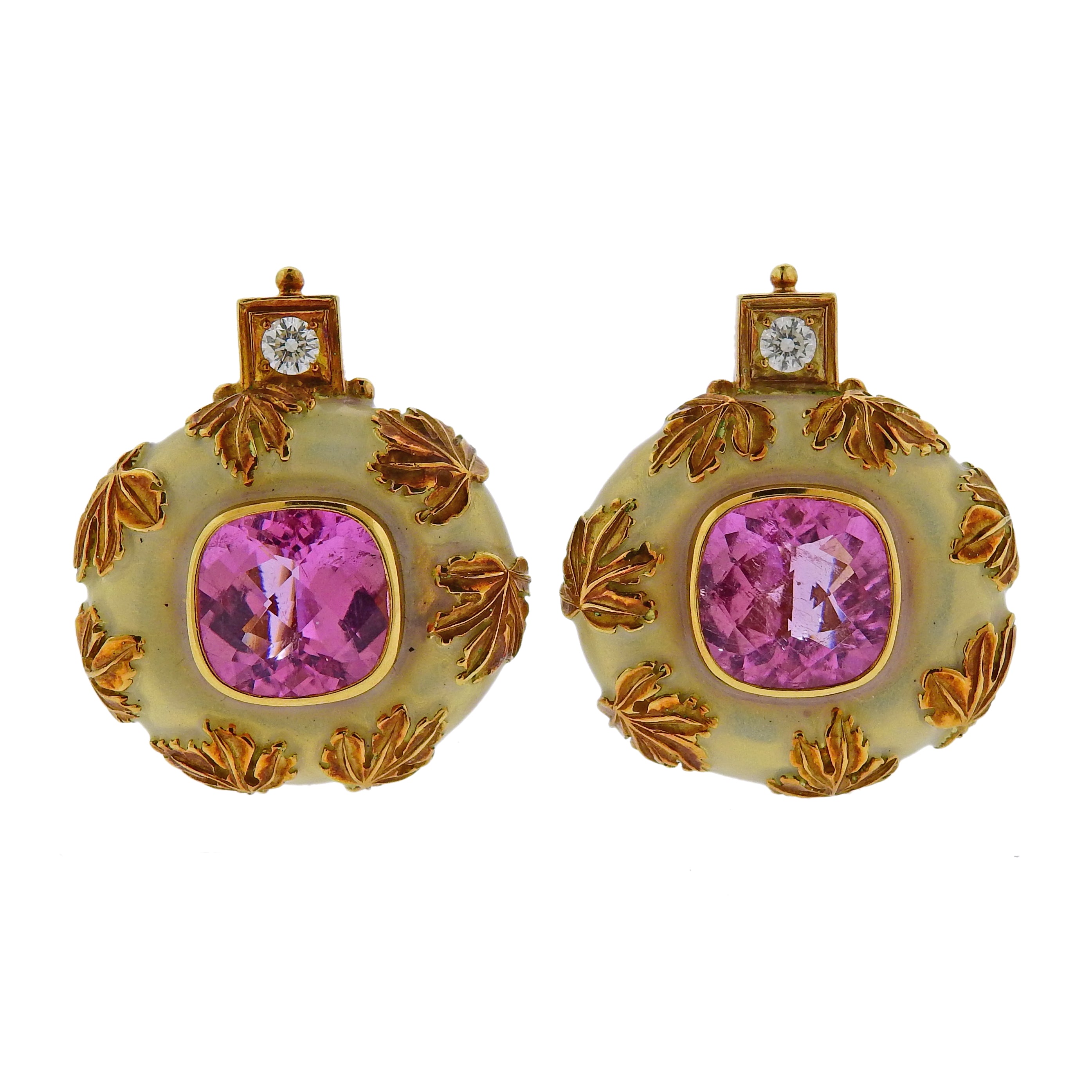 Elizabeth Gage Tourmaline Diamond Enamel Gold Earrings - Oak Gem