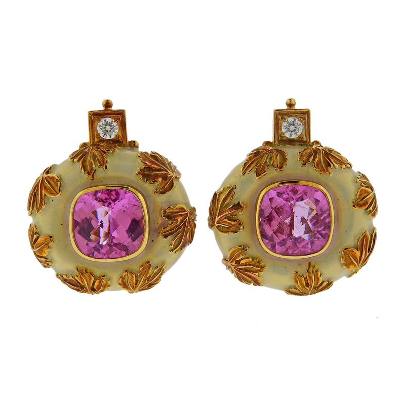 Elizabeth Gage Tourmaline Diamond Enamel Gold Earrings - Oak Gem