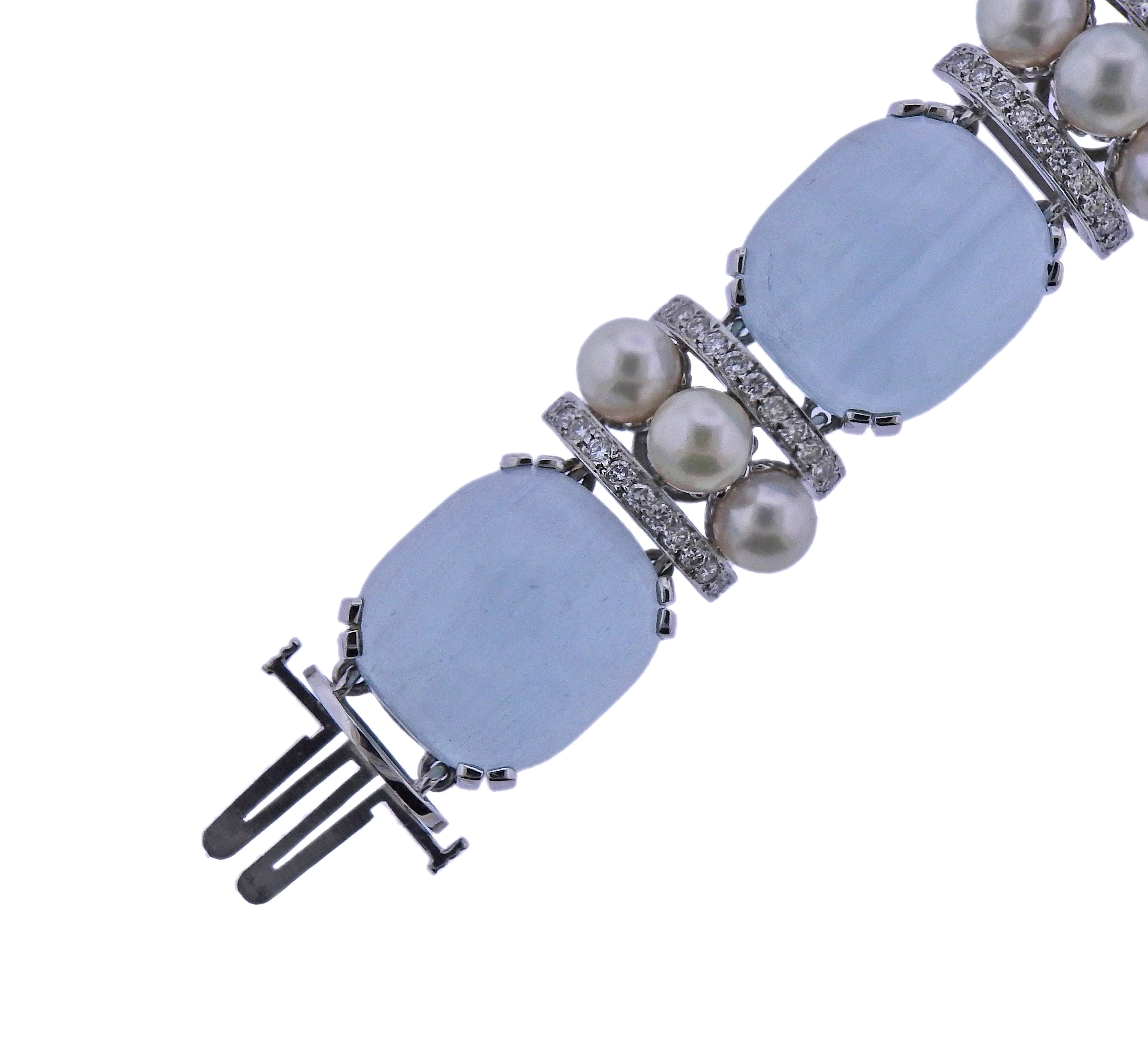 Seaman Schepps Gold Pearl Diamond Aquamarine Bracelet - Oak Gem