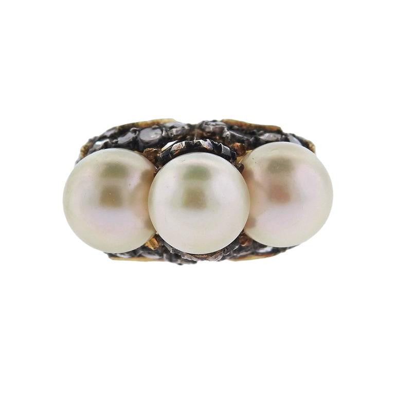 Buccellati Gold Silver Rose Cut Diamond Pearl Ring - Oak Gem