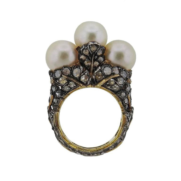 Buccellati Gold Silver Rose Cut Diamond Pearl Ring - Oak Gem