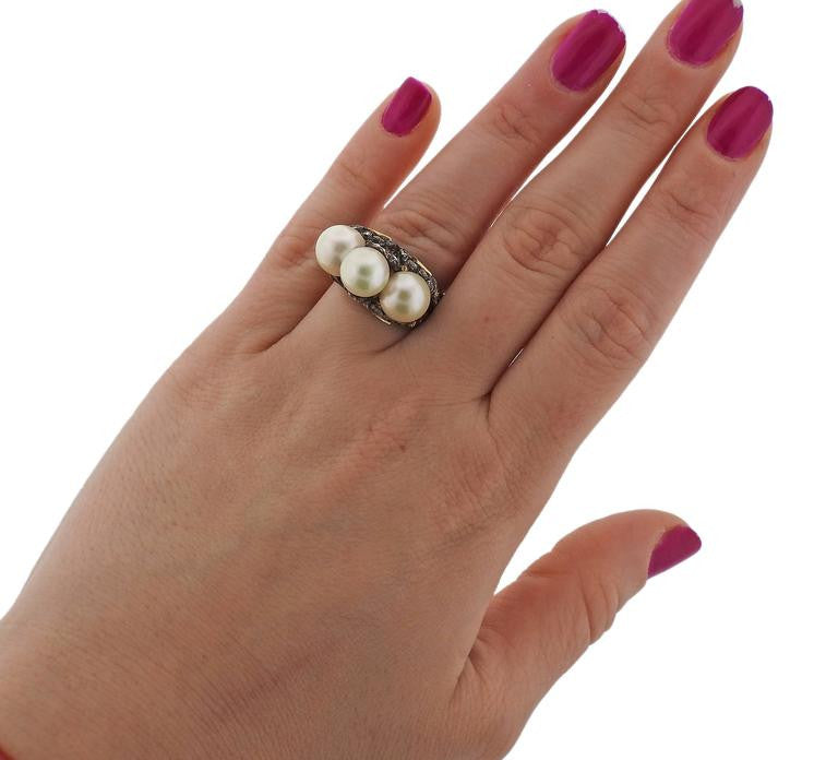 Buccellati Gold Silver Rose Cut Diamond Pearl Ring - Oak Gem