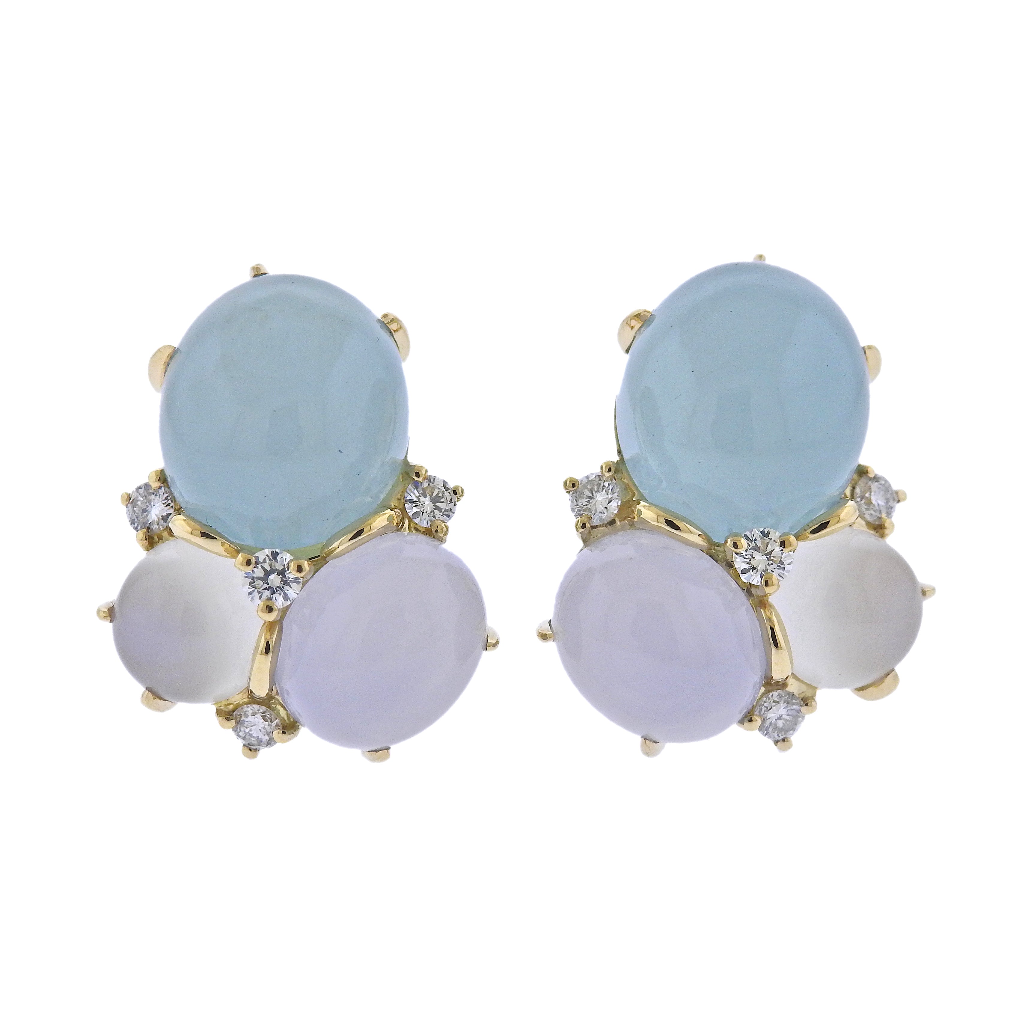Seaman Schepps Aquamarine Chalcedony Moonstone Diamond Gold Earrings