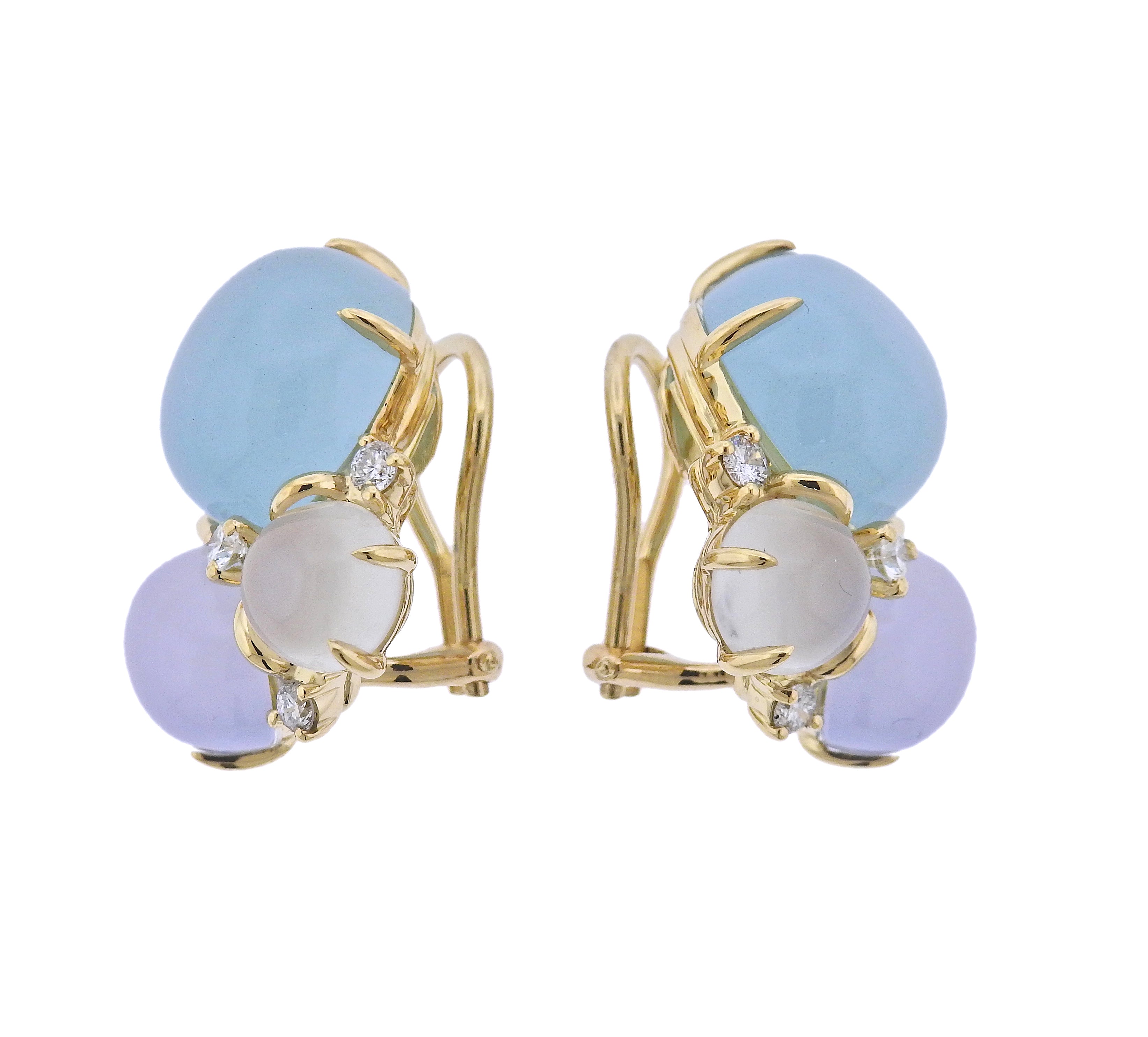 Seaman Schepps Aquamarine Chalcedony Moonstone Diamond Gold Earrings