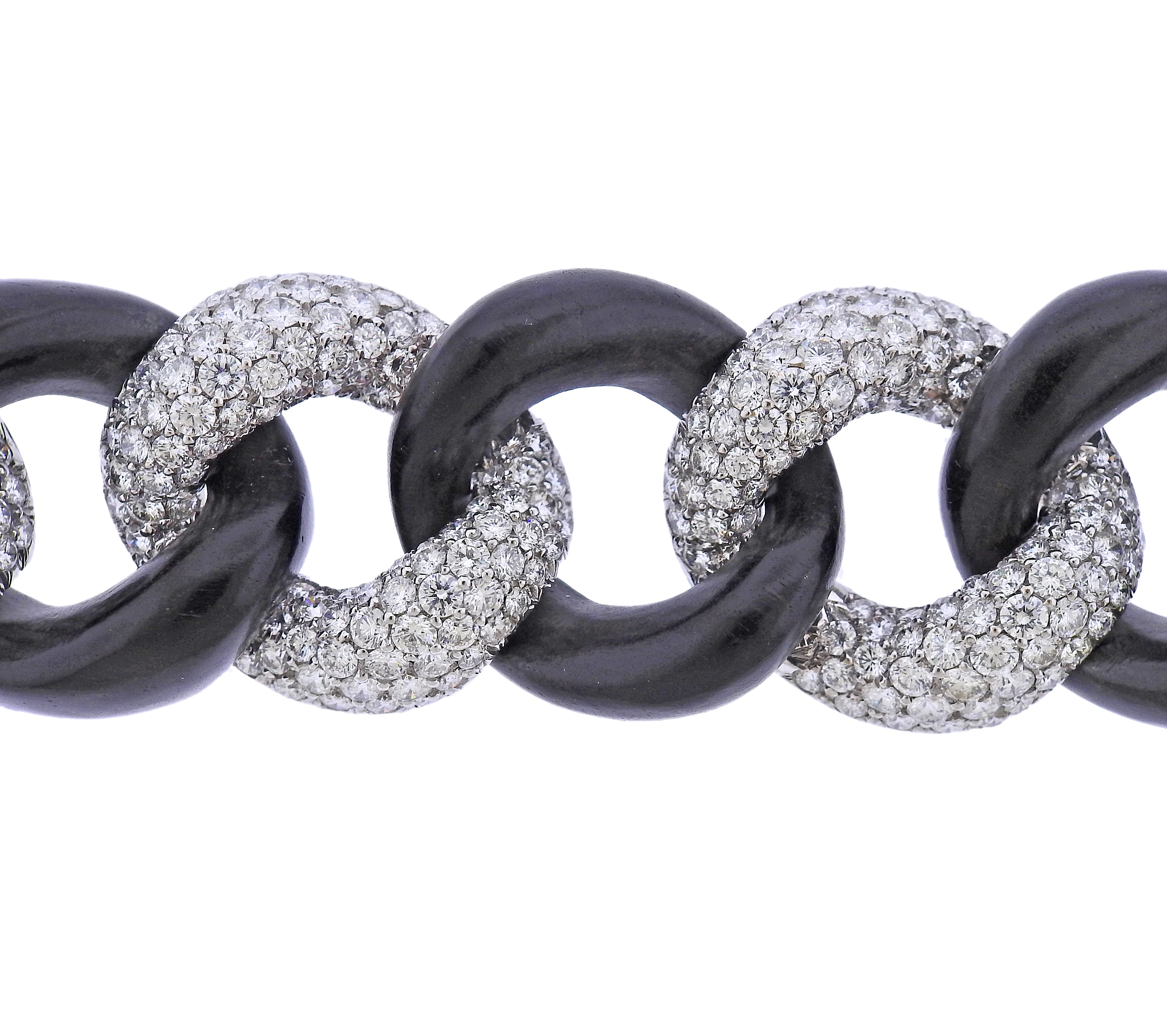 Seaman Schepps Diamond Ebony Wood Link Gold Bracelet