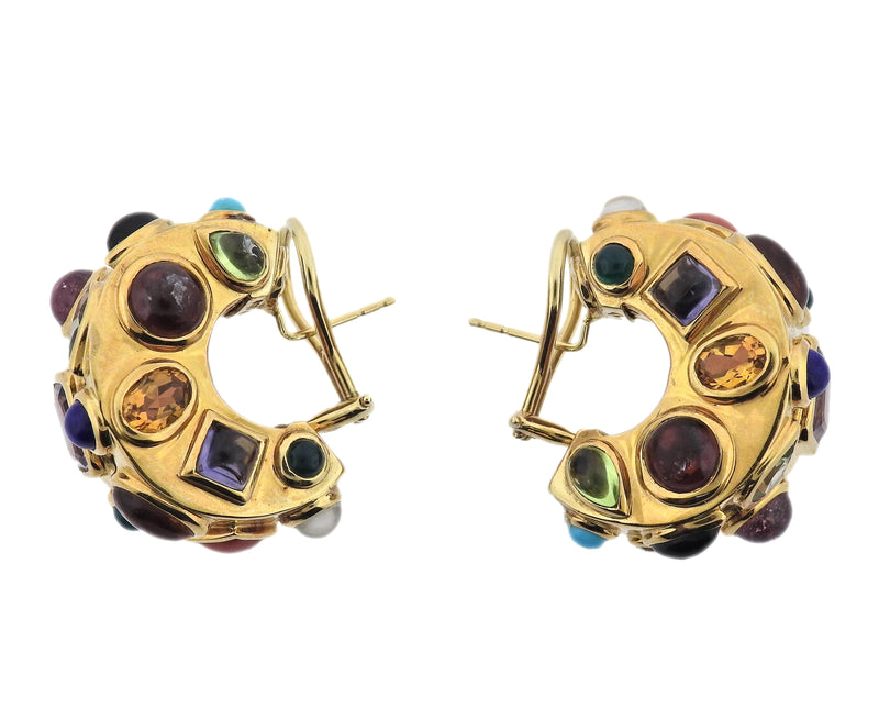 Seaman Schepps Fifties Multi Color Gemstone Gold Hoop Earrings