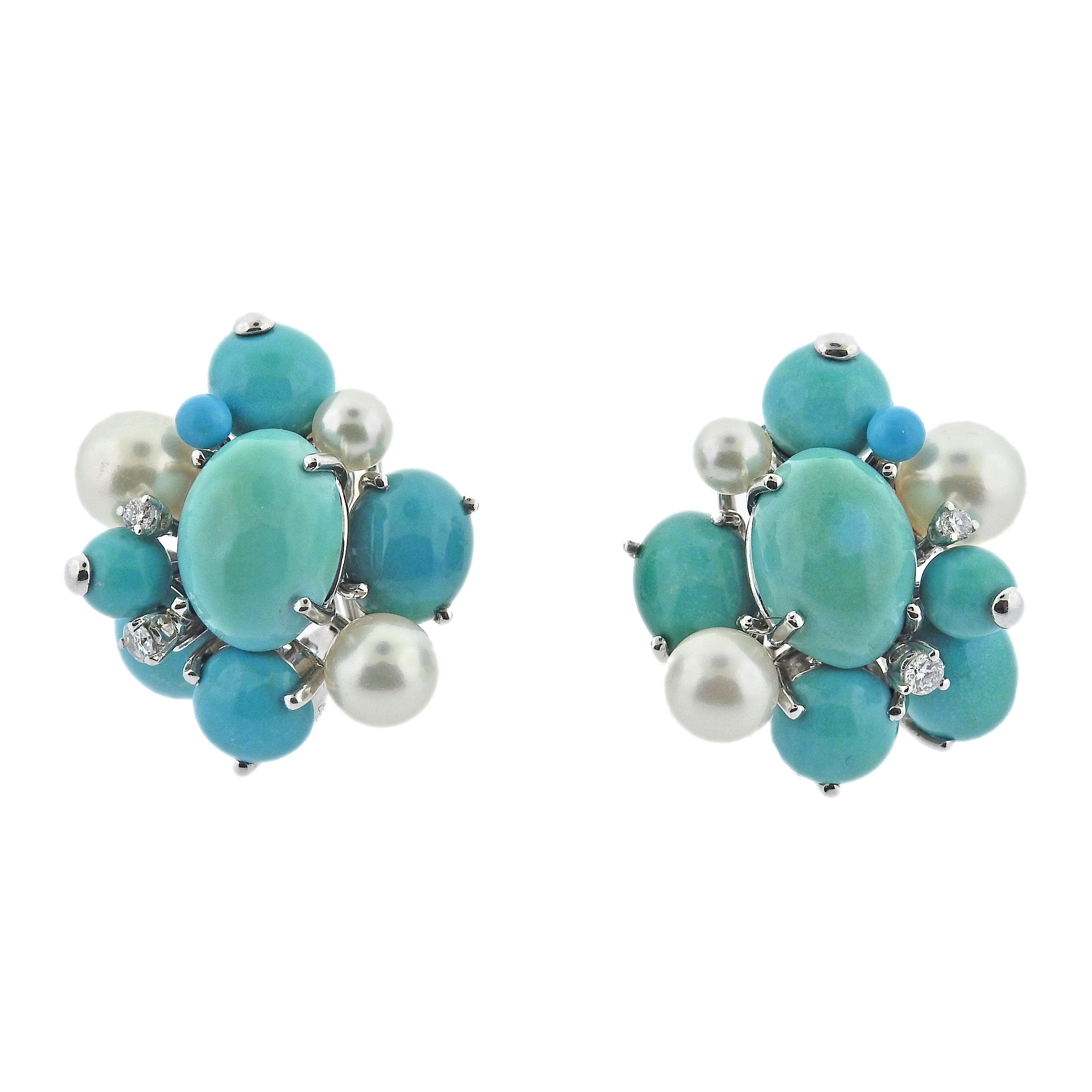 Seaman Schepps Diamond Turquoise Pearl Bubble Gold Earrings