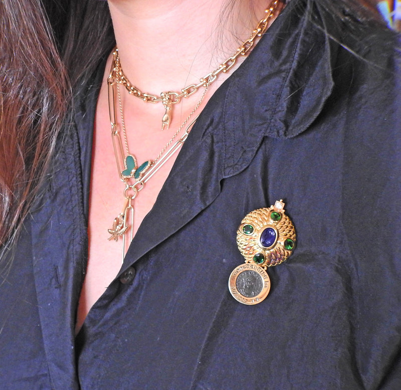 Elizabeth Gage Ancient Coin Tourmaline Diamond Intaglio Gold Brooch Pin - Oak Gem