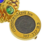 Elizabeth Gage Ancient Coin Tourmaline Diamond Intaglio Gold Brooch Pin - Oak Gem