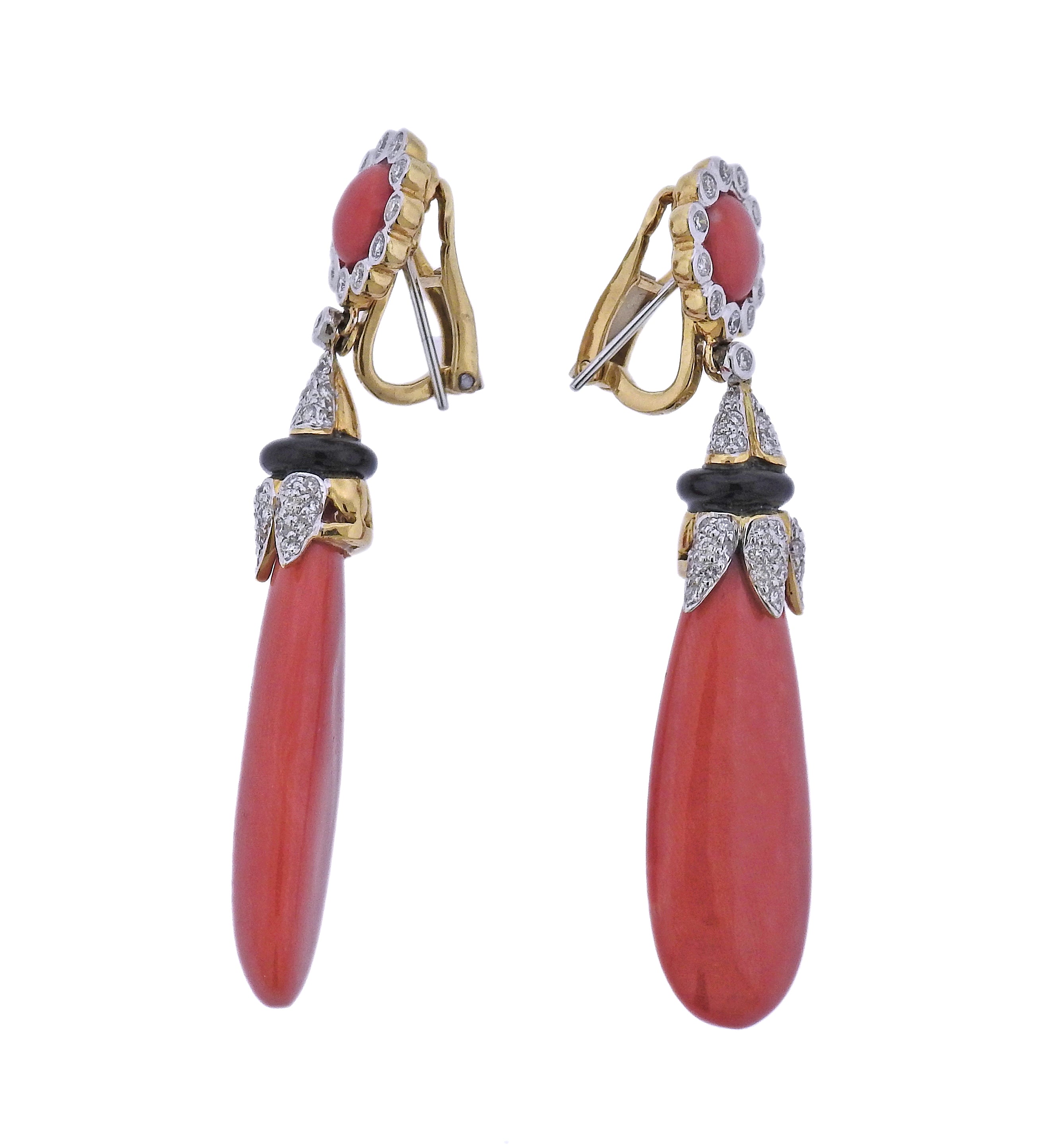 Coral Diamond Onyx Gold Drop Earrings - Oak Gem