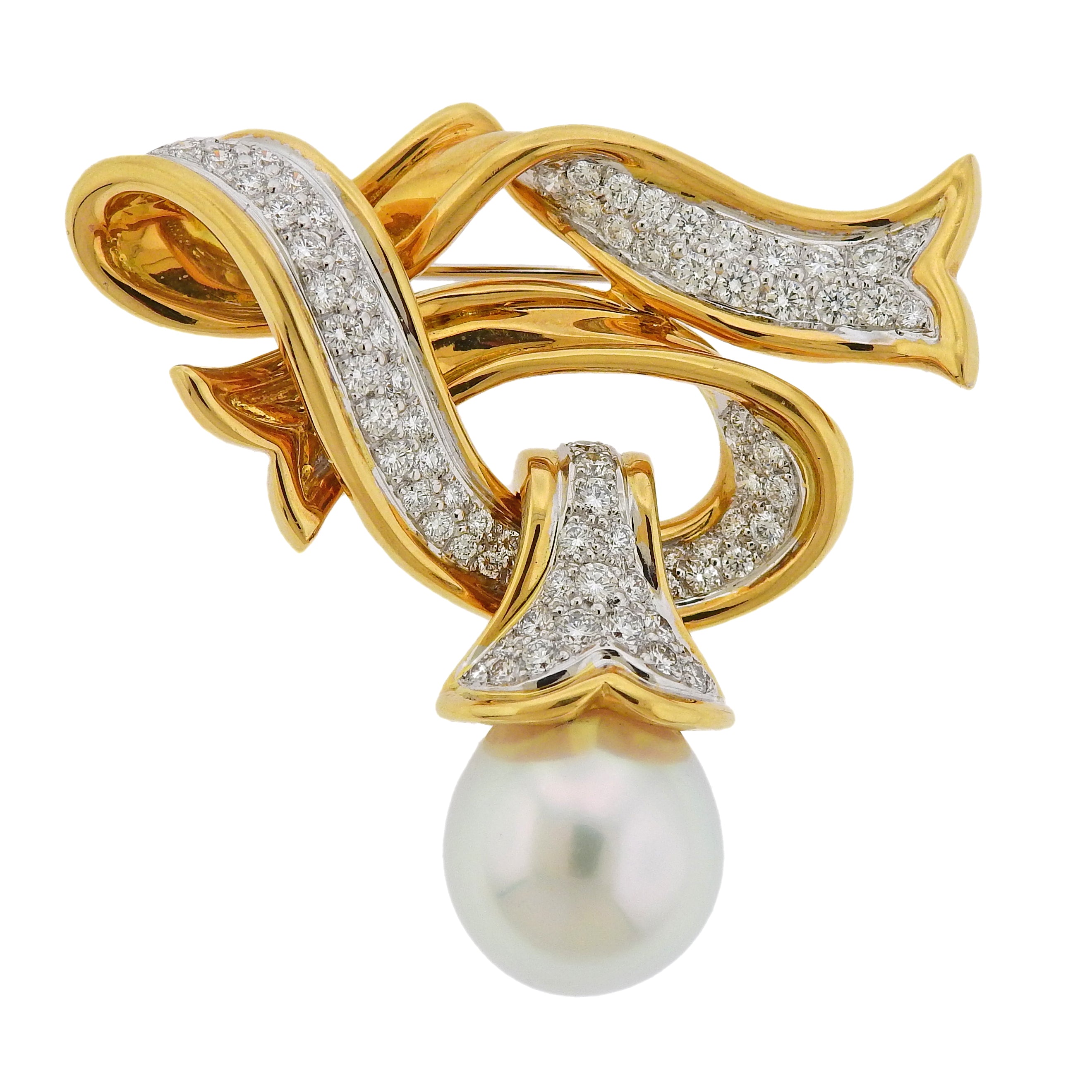 Angela Cummings South Sea Pearl Diamond Gold Platinum Brooch Pendant - Oak Gem